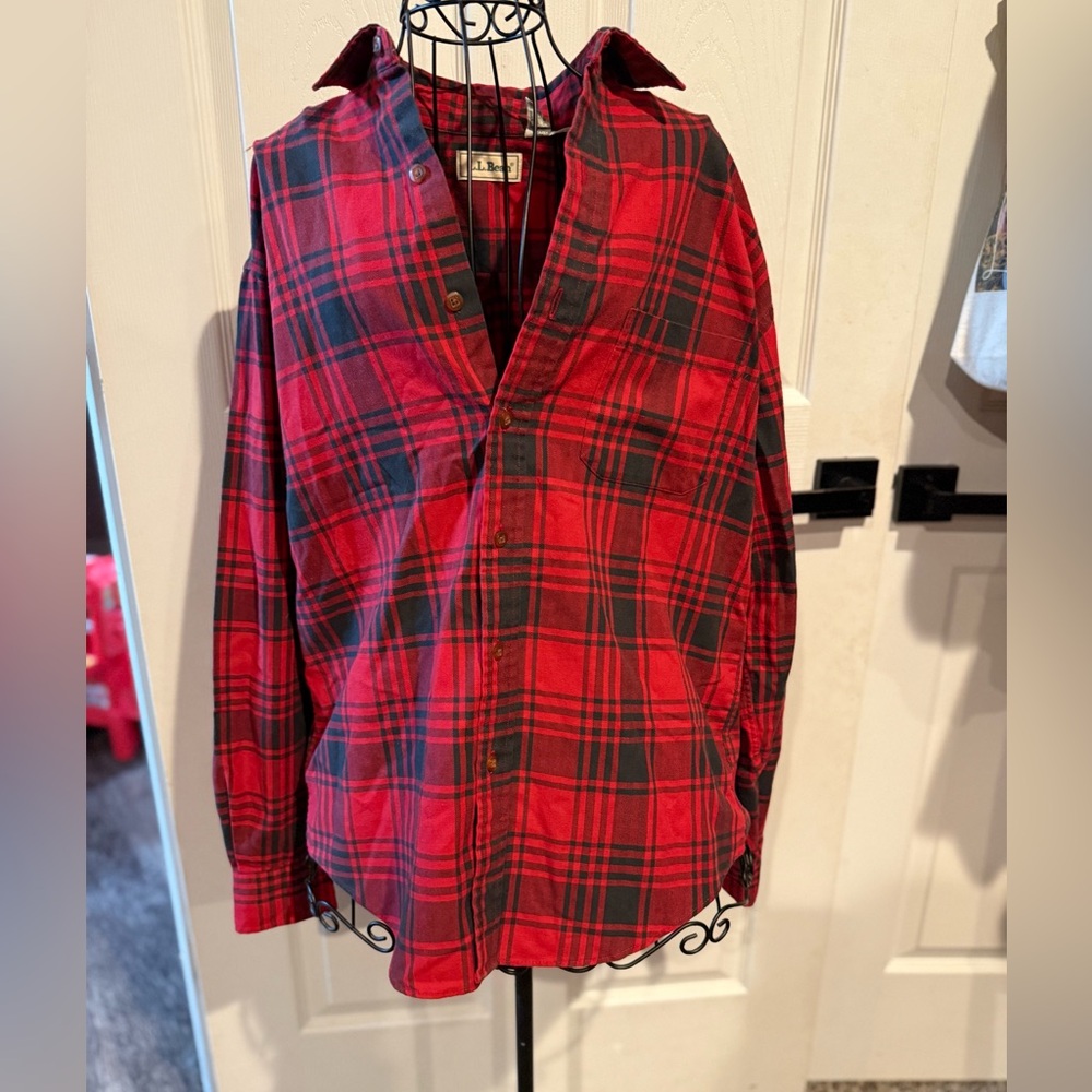 L.L. Bean Red and Black Casual Button Down Shirt
